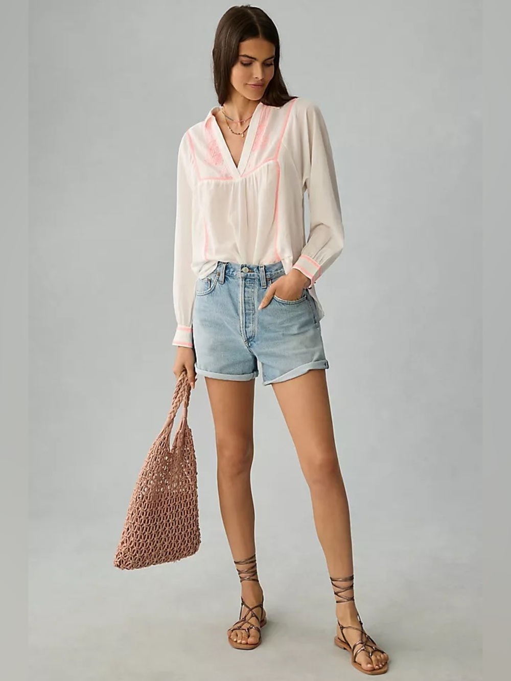Anthropologie pilcro embroidered peasant top gauze poplin flowy cotton med co